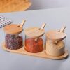 3x Gewürzbehälter Set 300ml Gewürzgläser mit Löffel, Bambusdeckel und Holzsockel